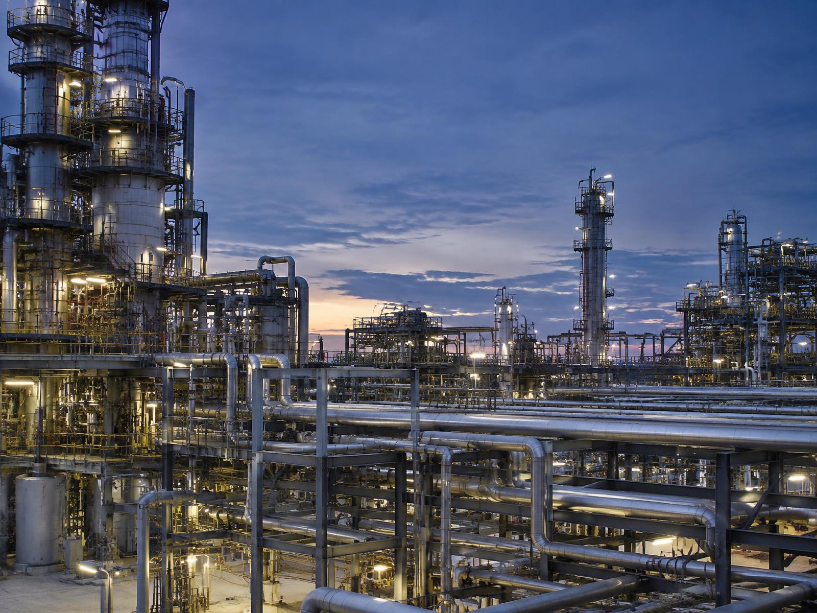 Industrial process plant with piping racks at dusk
