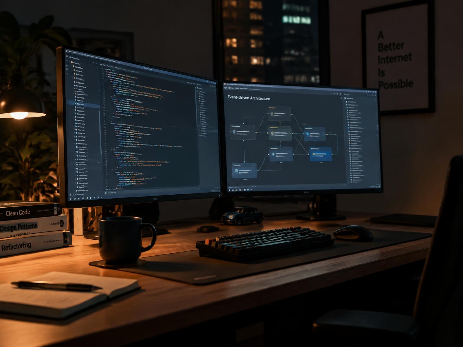 Software engineering workstation with code and architecture diagrams